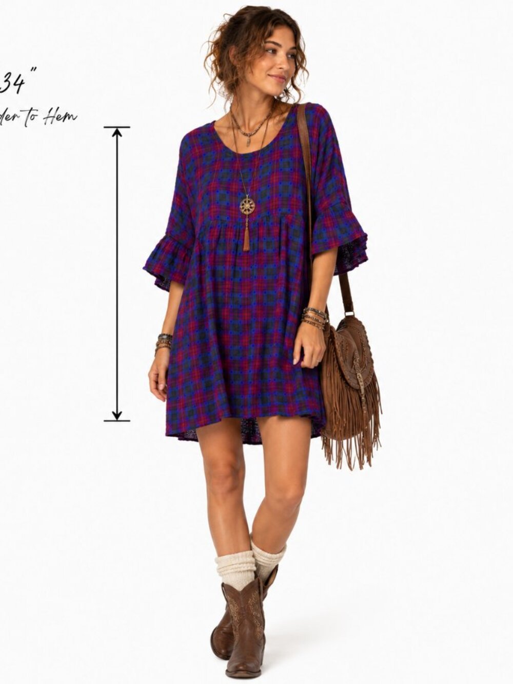 Arizona Jean Co Tunic Dress Womens XXL Blue Pink Plaid‎ Bell Sleeve NWT Boho